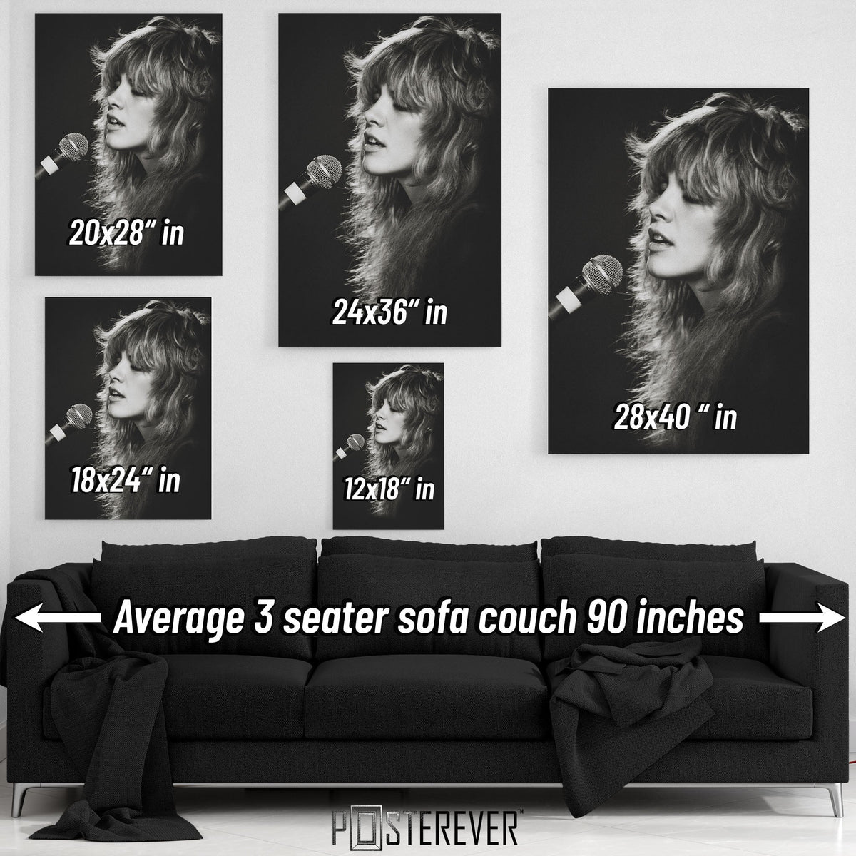 Stevie Nicks 'Rumours' Era Live Concert Portrait – Fleetwood Mac, 1970s – Black & White Edition | Rock Icon Wall Art Print — size guide