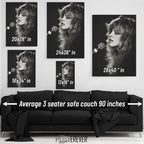 Wall art size comparison chart displaying multiple print dimensions above an average 3-seater sofa