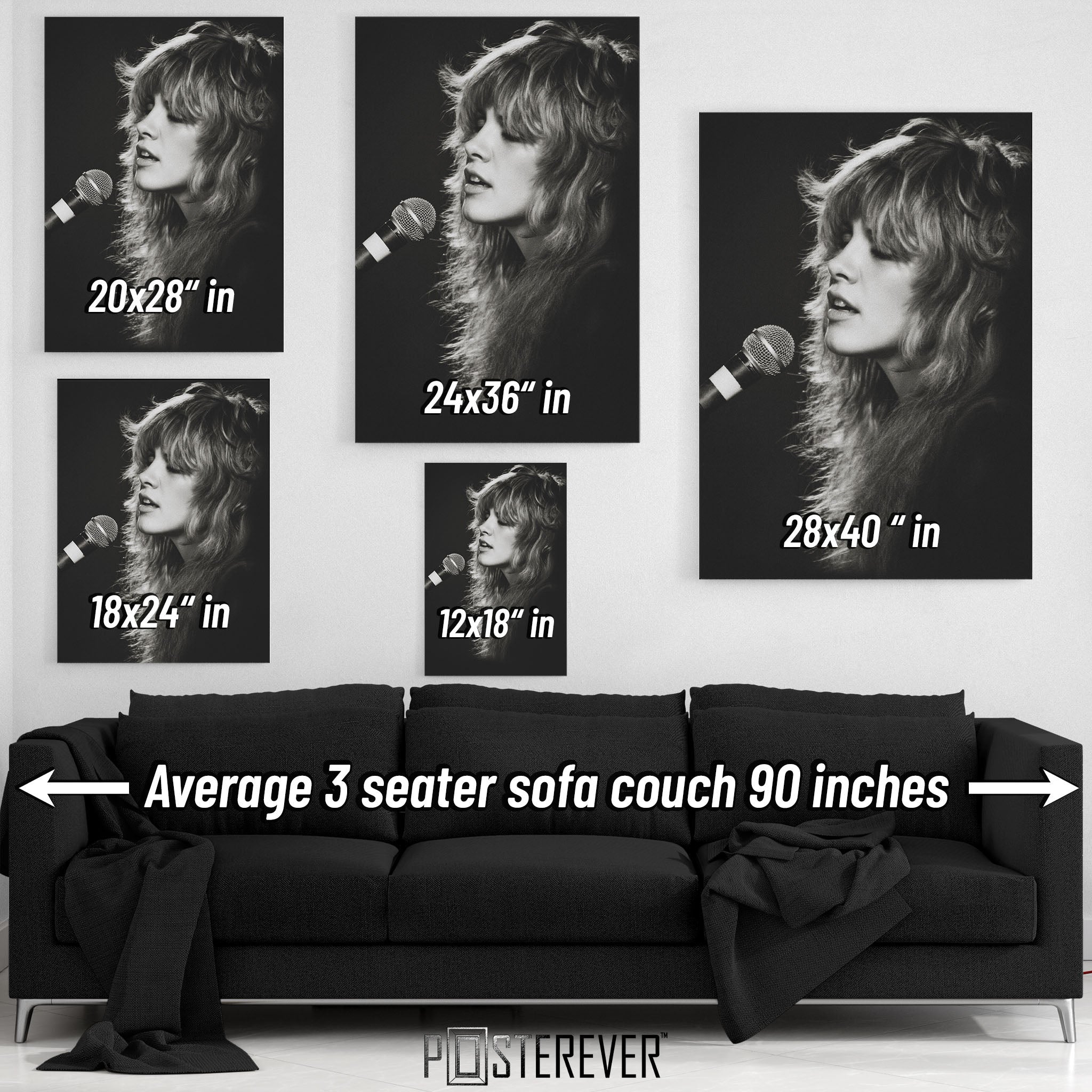 Wall art size comparison chart displaying multiple print dimensions above an average 3-seater sofa