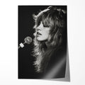 Stevie Nicks Fleetwood Mac Rumours era black and white live concert portrait, unframed poster preview
