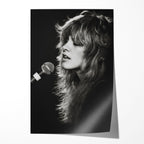 Stevie Nicks Fleetwood Mac Rumours era black and white live concert portrait, unframed poster preview
