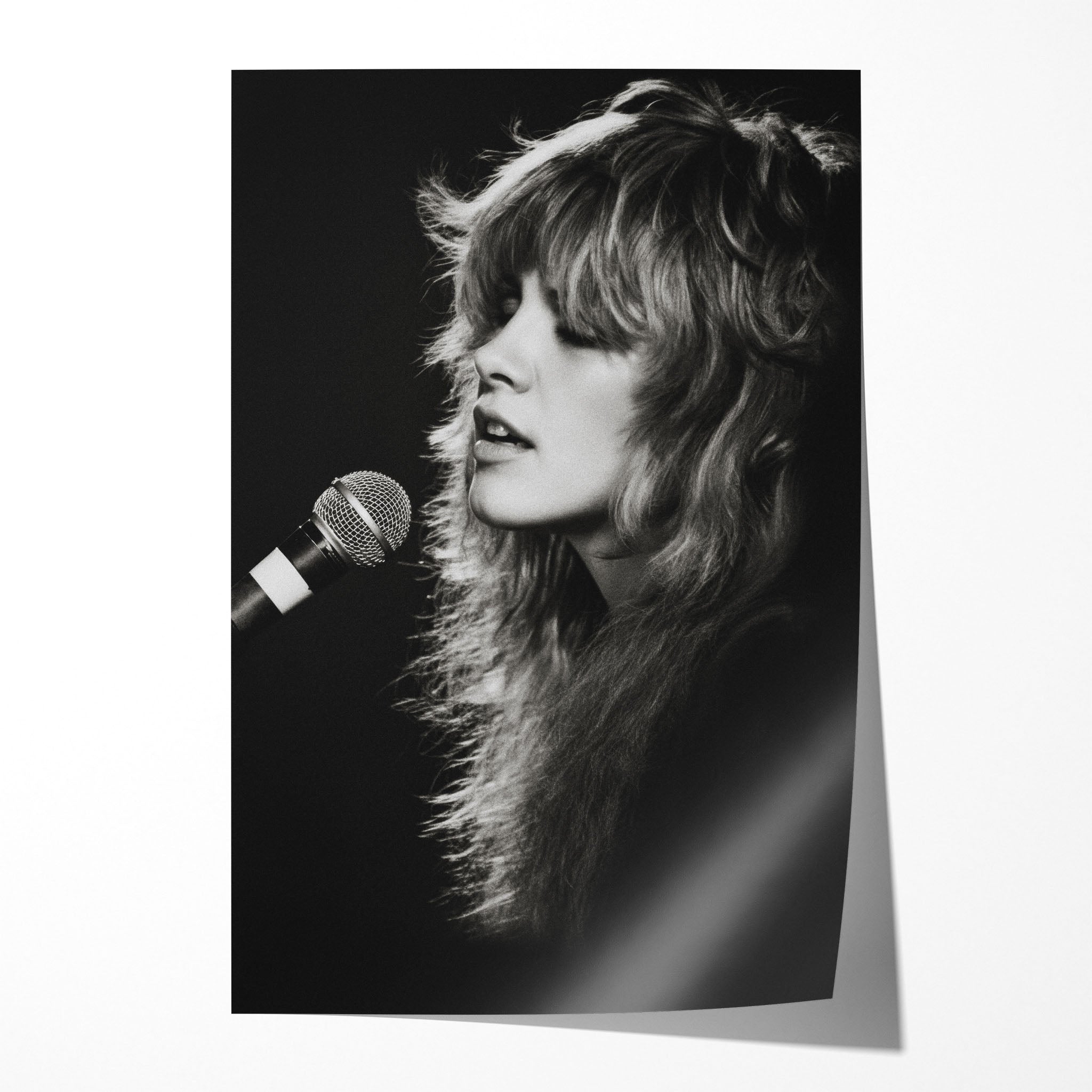 Stevie Nicks Fleetwood Mac Rumours era black and white live concert portrait, unframed poster preview