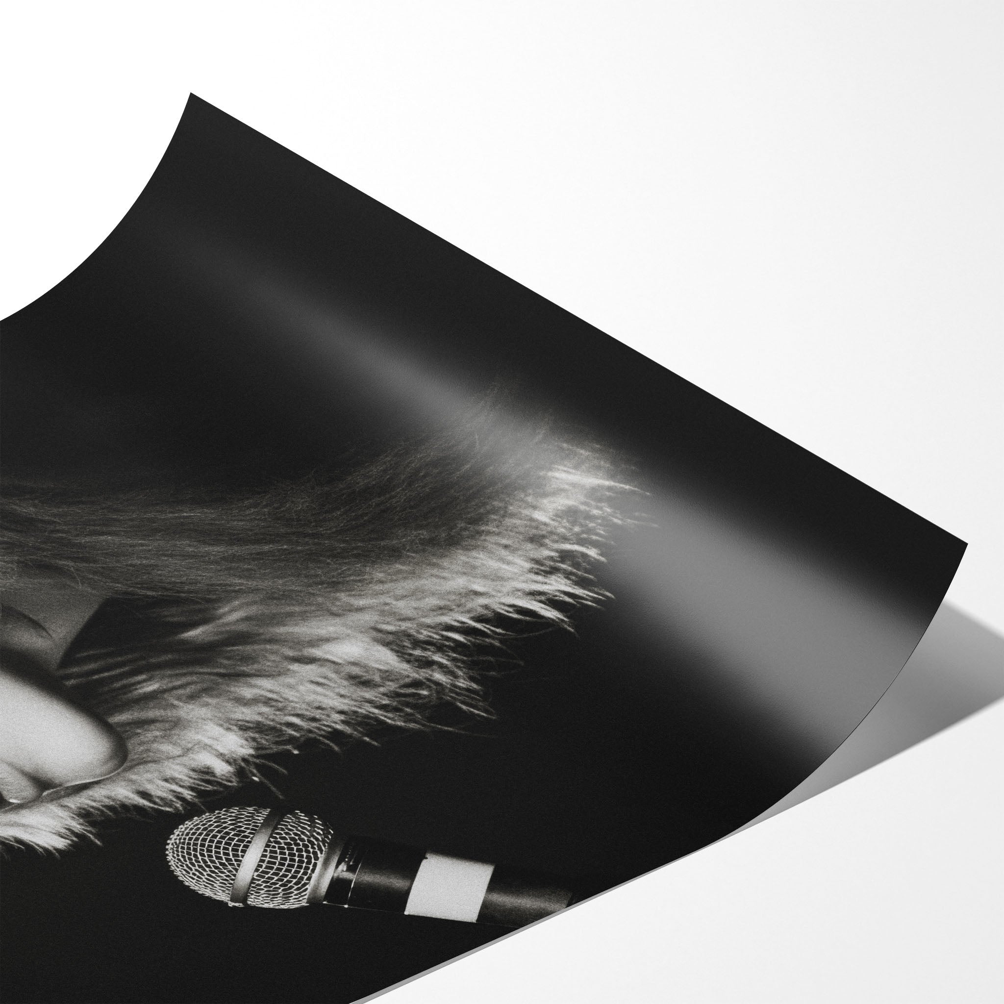Angled close-up of the unframed Stevie Nicks Rumours era black and white poster showing paper detail