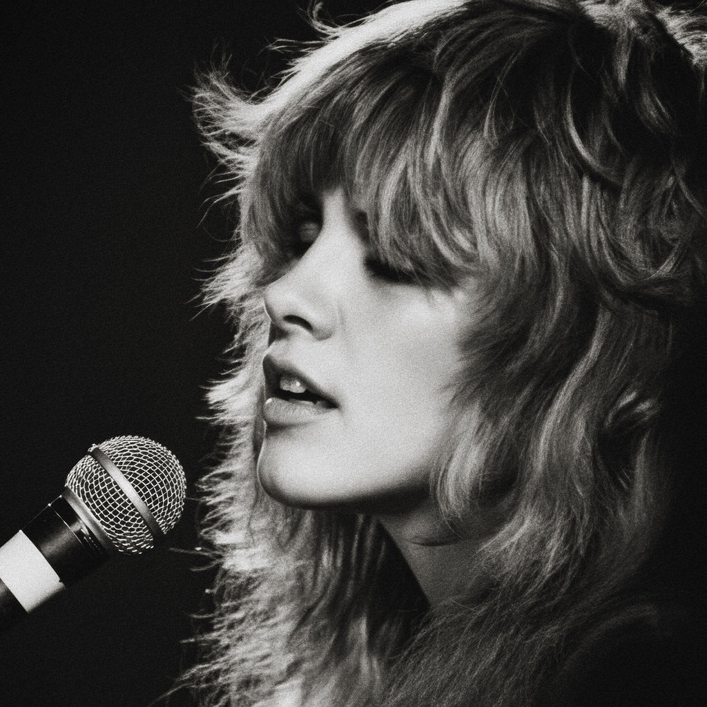 Medium zoom highlighting the crisp detail and deep contrast of the Stevie Nicks Rumours era black and white print