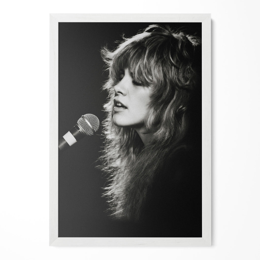 Stevie Nicks Rumours era black and white concert portrait in a classic white poster frame
