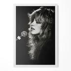 Stevie Nicks Rumours era black and white concert portrait in a classic white poster frame