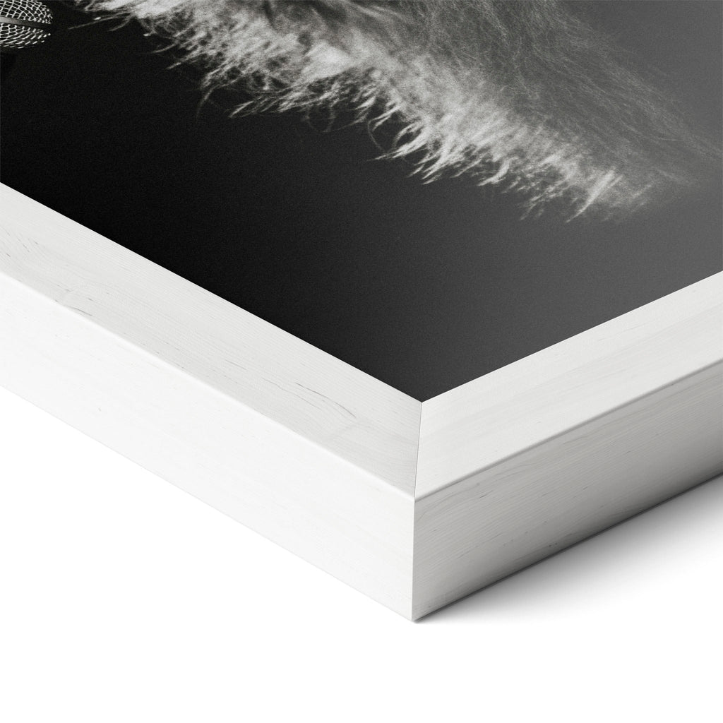 Corner close-up of the Stevie Nicks Rumours era black and white poster in a classic white frame