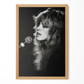 Stevie Nicks Rumours era black and white concert portrait in a natural oak poster frame