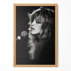 Stevie Nicks Rumours era black and white concert portrait in a natural oak poster frame