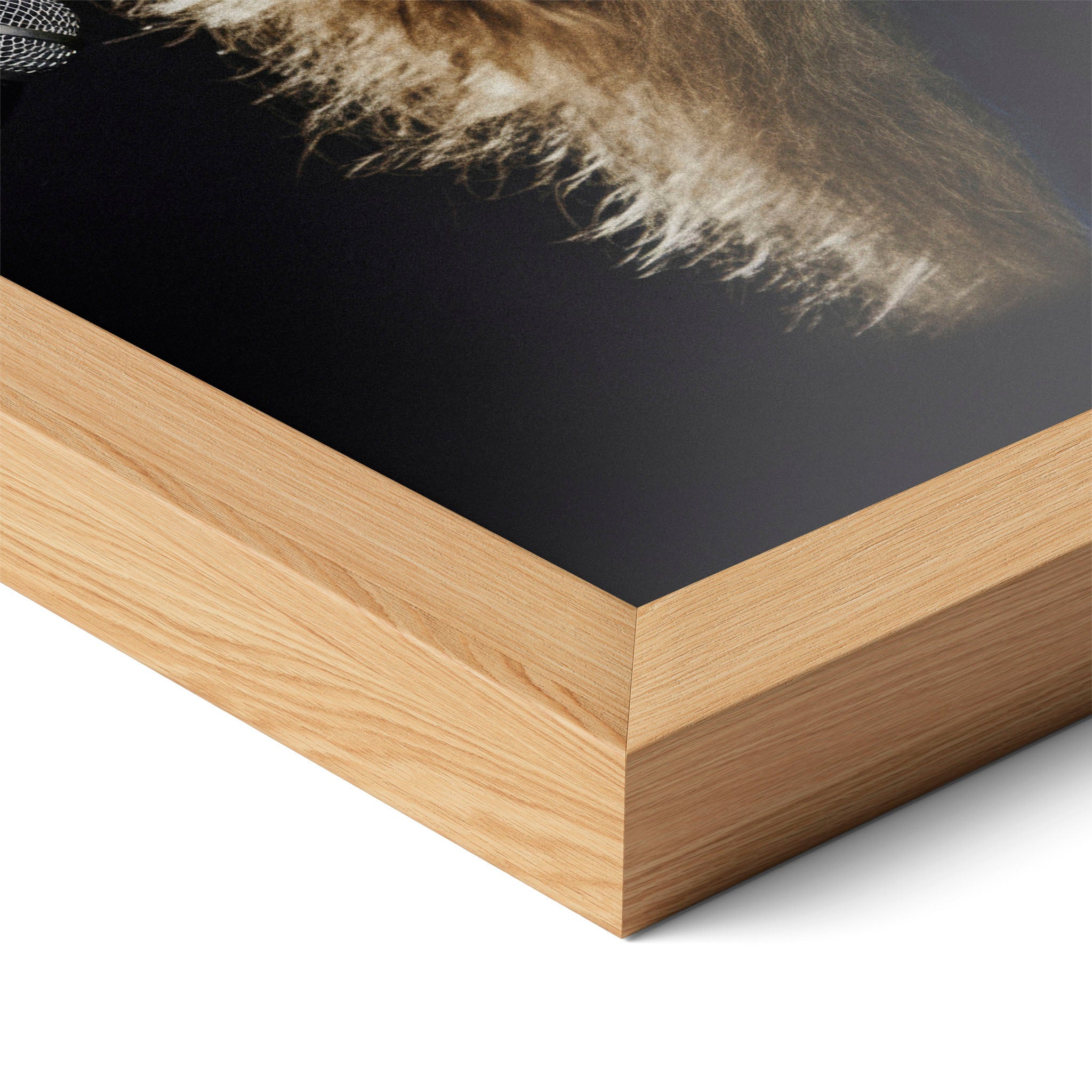 Corner close-up of the Stevie Nicks Rumours era colorized poster in a natural oak frame