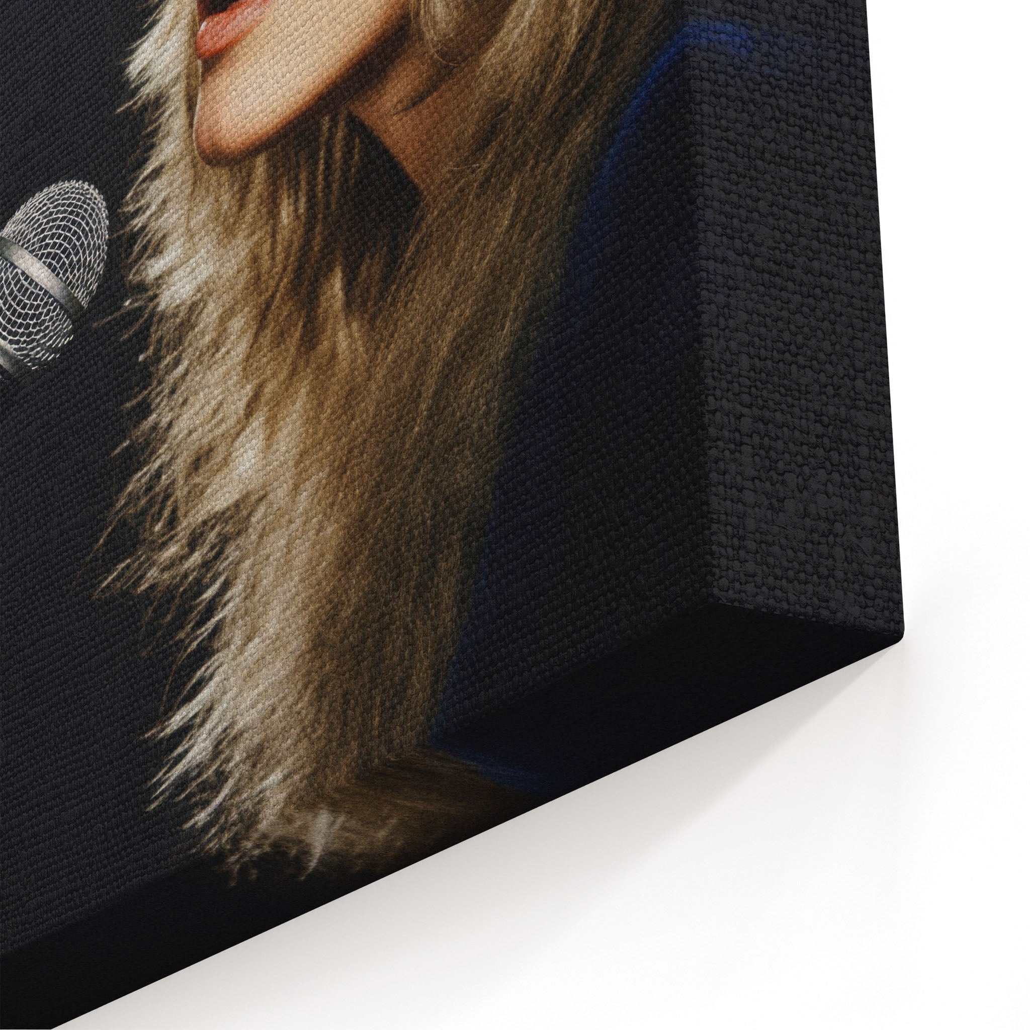 Close-up of the gallery-wrapped canvas edge on the Stevie Nicks Rumours era colorized print