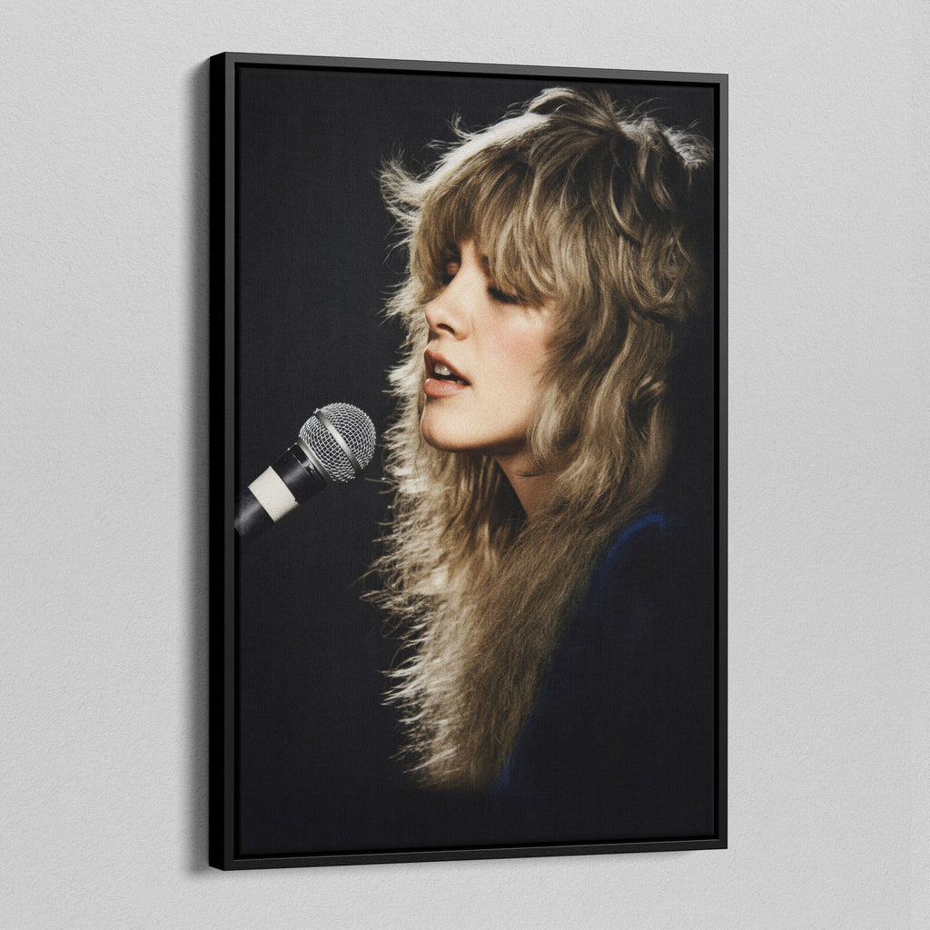 Angled view of the Stevie Nicks Rumours era colorized canvas in a black floating frame