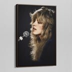 Angled view of the Stevie Nicks Rumours era colorized canvas in a dark walnut floating frame
