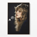 Front view of the Stevie Nicks Rumours era colorized canvas in a dark walnut floating frame