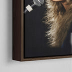 Corner close-up of the dark walnut floating frame on the Stevie Nicks Rumours era colorized canvas