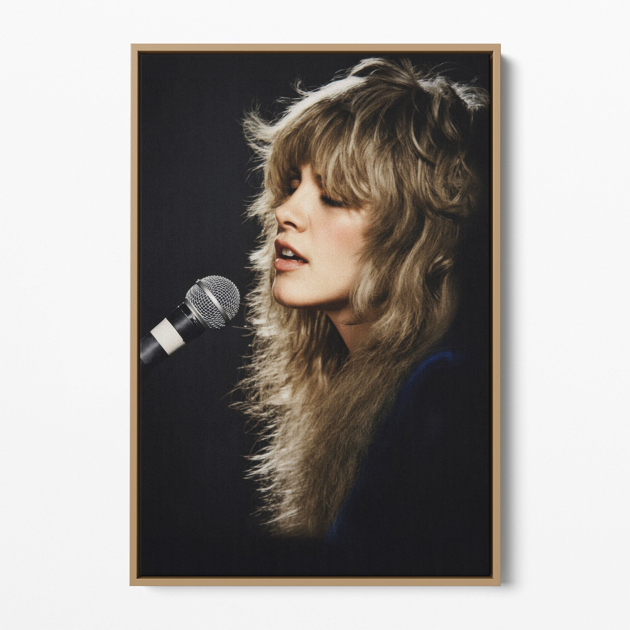 Front view of the Stevie Nicks Rumours era colorized canvas in a natural oak floating frame