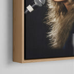 Corner close-up of the natural oak floating frame on the Stevie Nicks Rumours era colorized canvas
