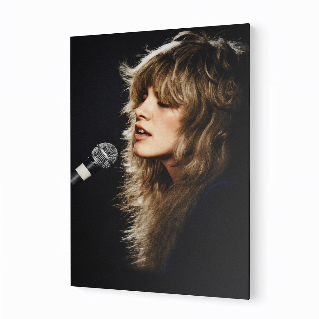 Stevie Nicks Rumours era colorized concert portrait on sleek aluminium metal