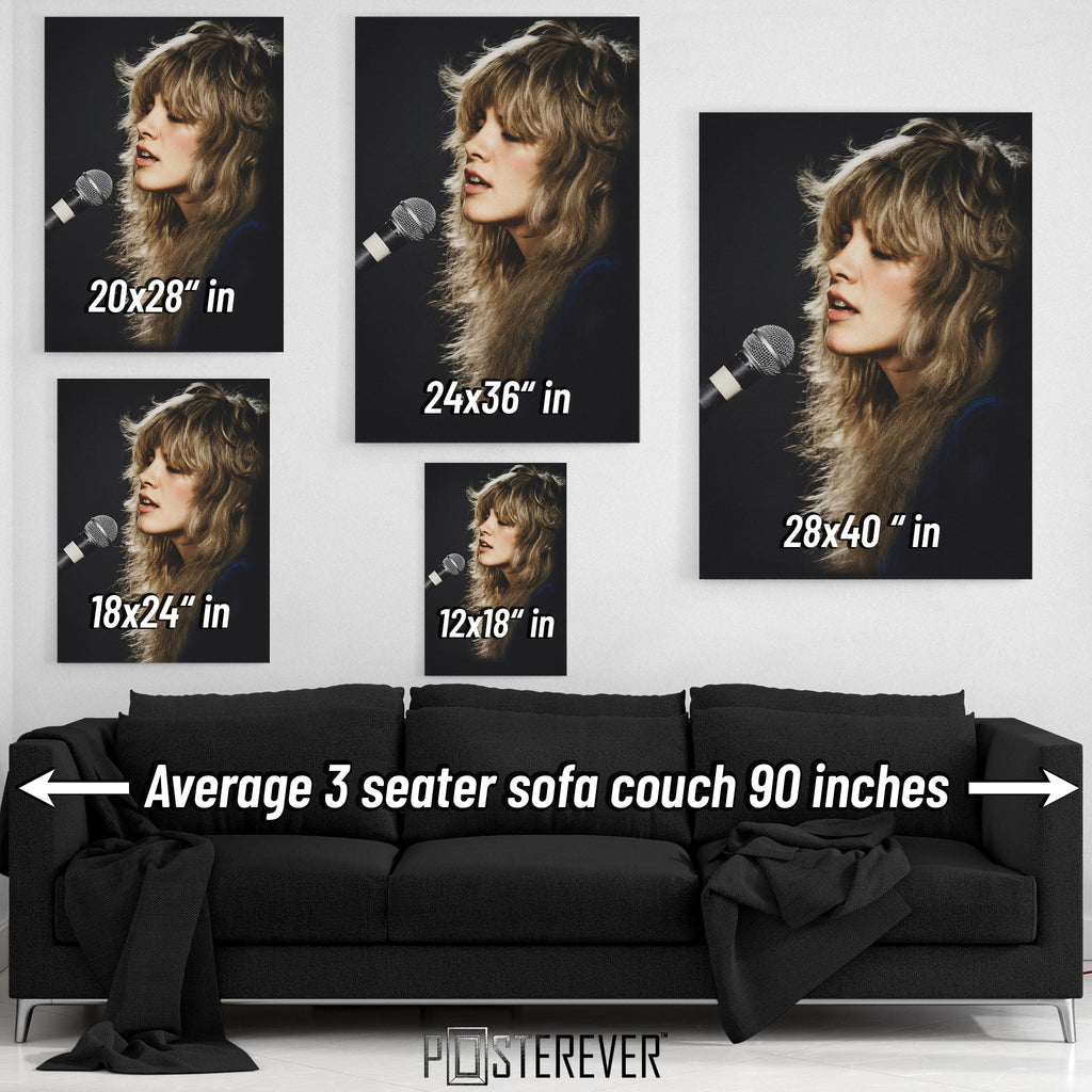 Wall art size comparison chart displaying multiple print dimensions above an average 3-seater sofa