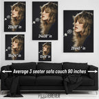 Wall art size comparison chart displaying multiple print dimensions above an average 3-seater sofa