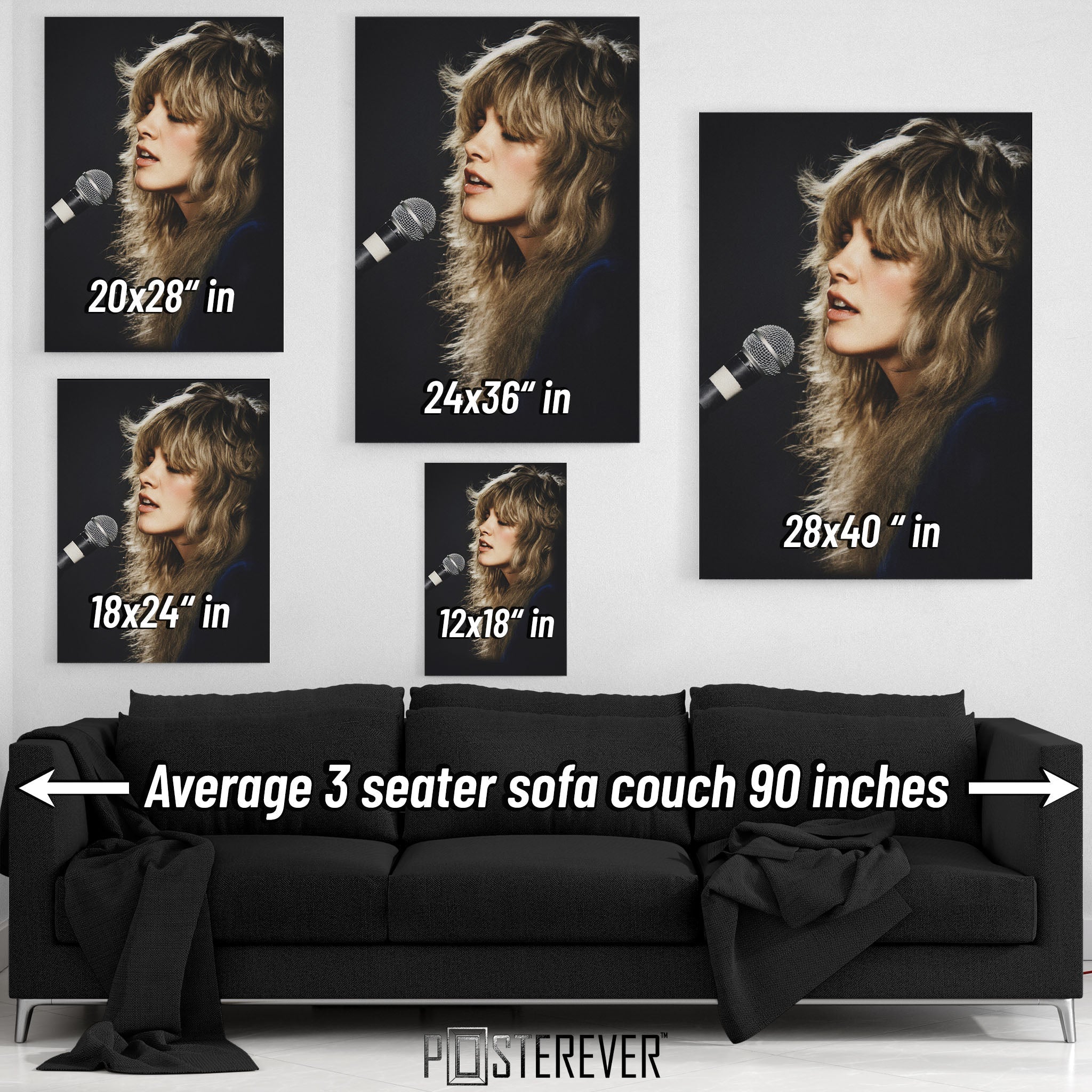 Wall art size comparison chart displaying multiple print dimensions above an average 3-seater sofa