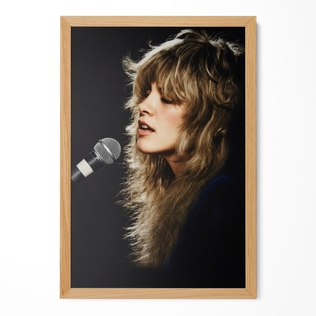 Stevie Nicks Rumours era colorized concert portrait in a natural oak poster frame