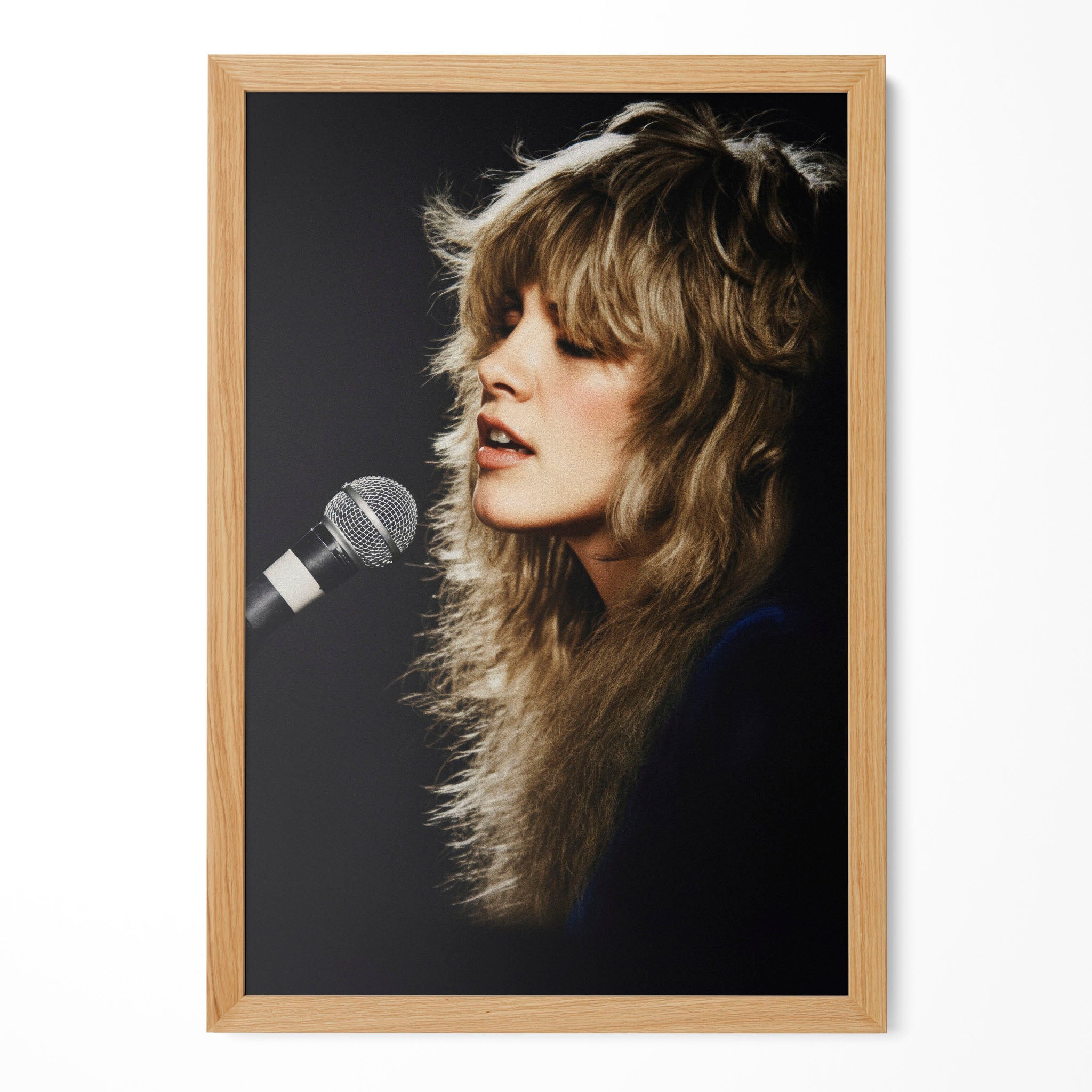 Stevie Nicks Rumours era colorized concert portrait in a natural oak poster frame