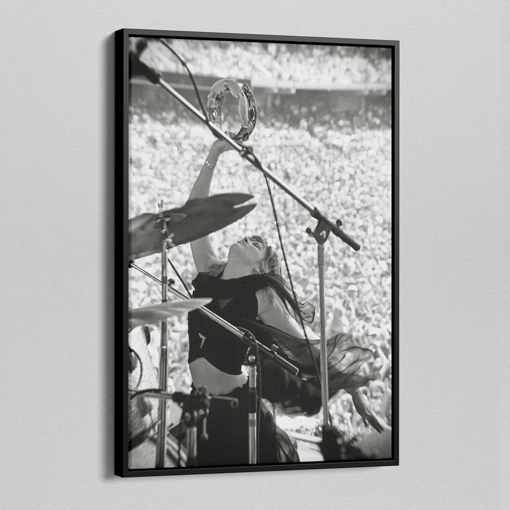 Angled view of the Stevie Nicks 1976 Oakland black and white canvas in a black floating frame