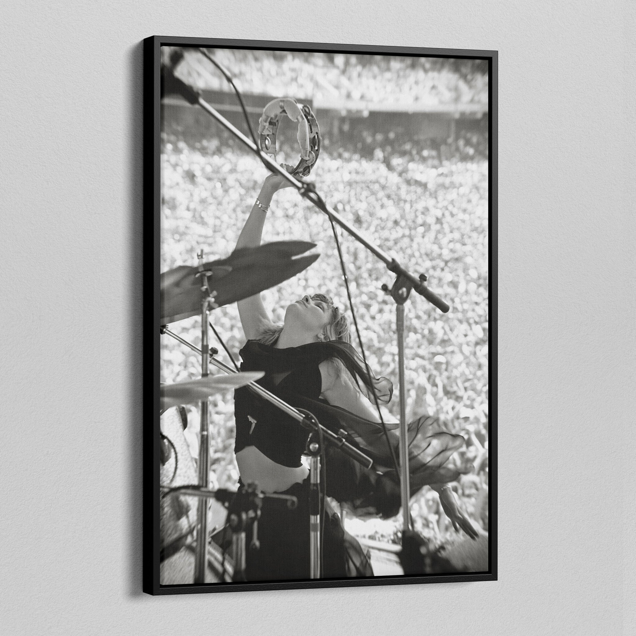 Angled view of the Stevie Nicks 1976 Oakland black and white canvas in a black floating frame