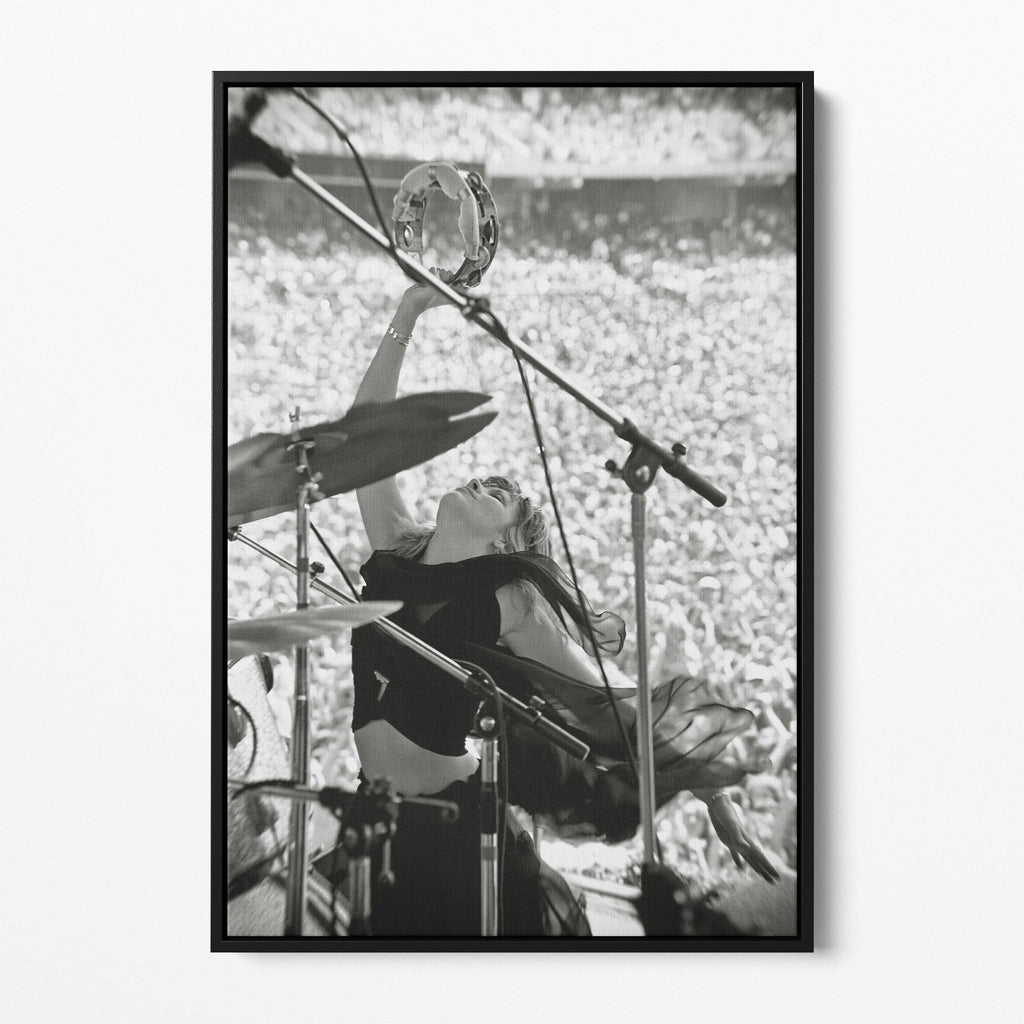 Front view of the Stevie Nicks 1976 Oakland black and white canvas in a black floating frame