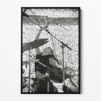Front view of the Stevie Nicks 1976 Oakland black and white canvas in a black floating frame