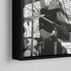 Corner close-up of the black floating frame on the Stevie Nicks 1976 Oakland black and white canvas