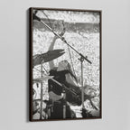 Angled view of the Stevie Nicks 1976 Oakland black and white canvas in a dark walnut floating frame