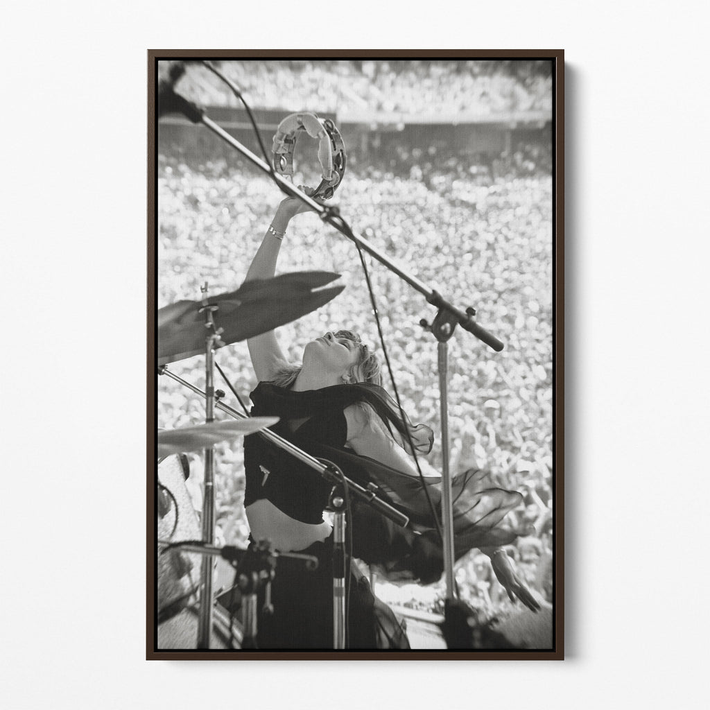 Front view of the Stevie Nicks 1976 Oakland black and white canvas in a dark walnut floating frame