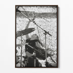 Front view of the Stevie Nicks 1976 Oakland black and white canvas in a dark walnut floating frame