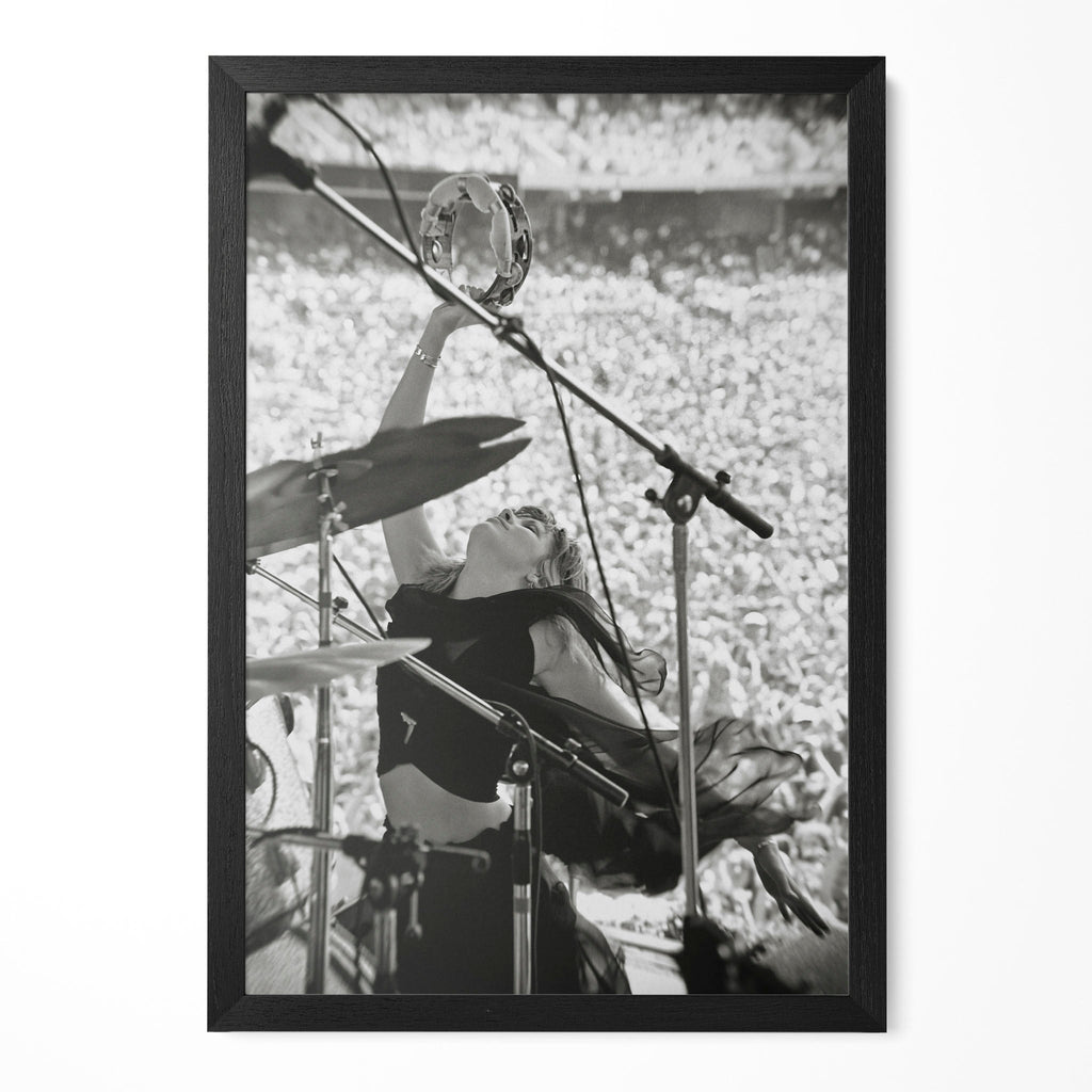 Stevie Nicks 1976 Oakland Day on the Green black and white concert portrait in a classic black poster frame