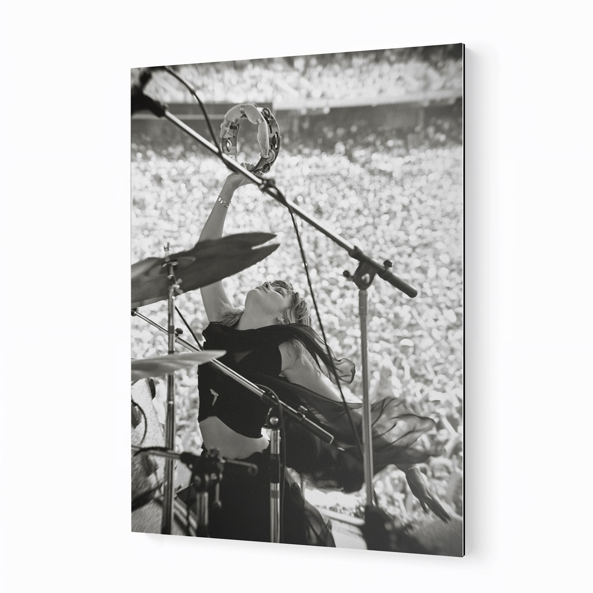 Stevie Nicks 1976 Oakland Day on the Green black and white concert portrait on sleek aluminium metal