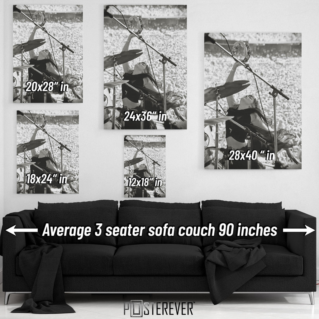 Wall art size comparison chart displaying multiple print dimensions above an average 3-seater sofa