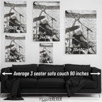 Wall art size comparison chart displaying multiple print dimensions above an average 3-seater sofa