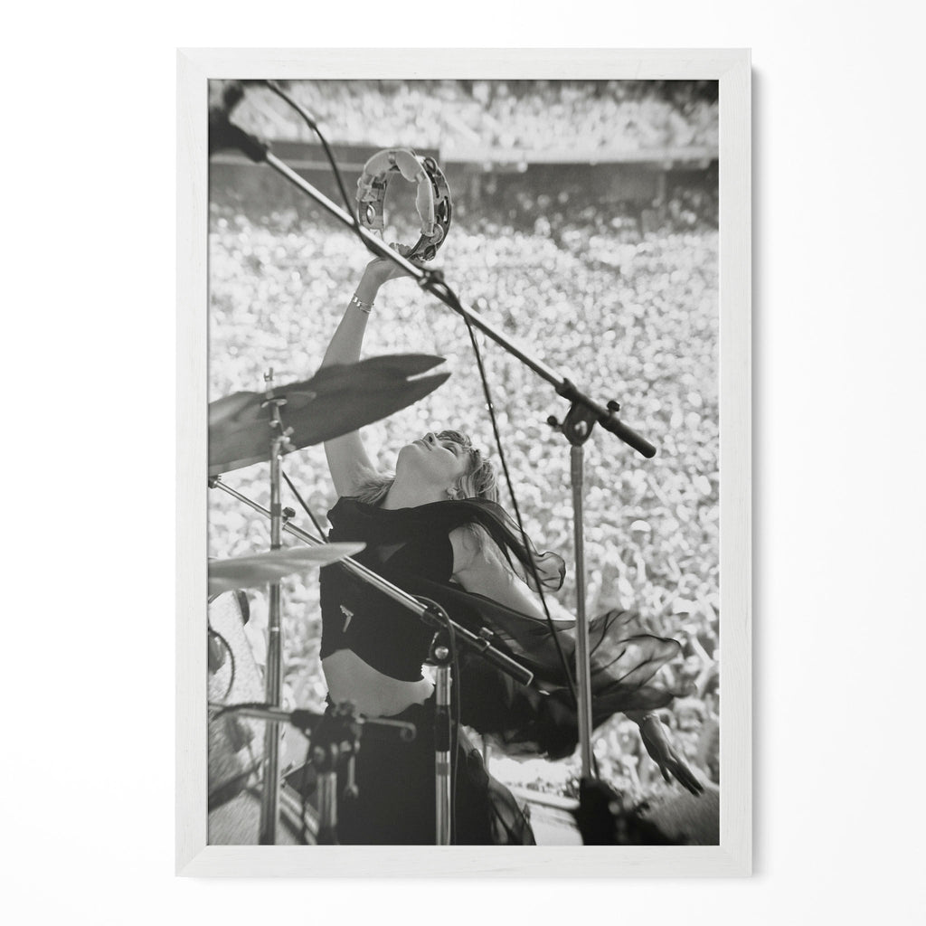 Stevie Nicks 1976 Oakland Day on the Green black and white concert portrait in a classic white poster frame