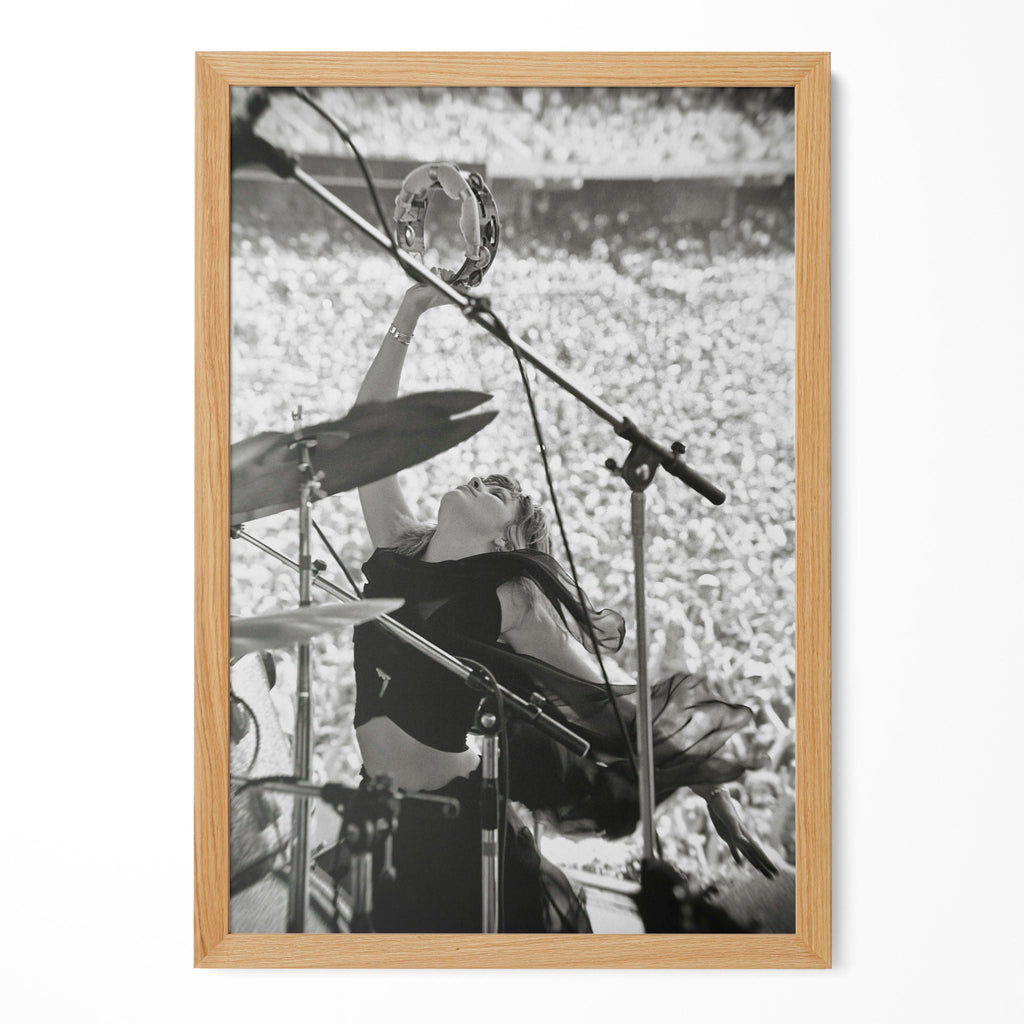 Stevie Nicks 1976 Oakland Day on the Green black and white concert portrait in a natural oak poster frame