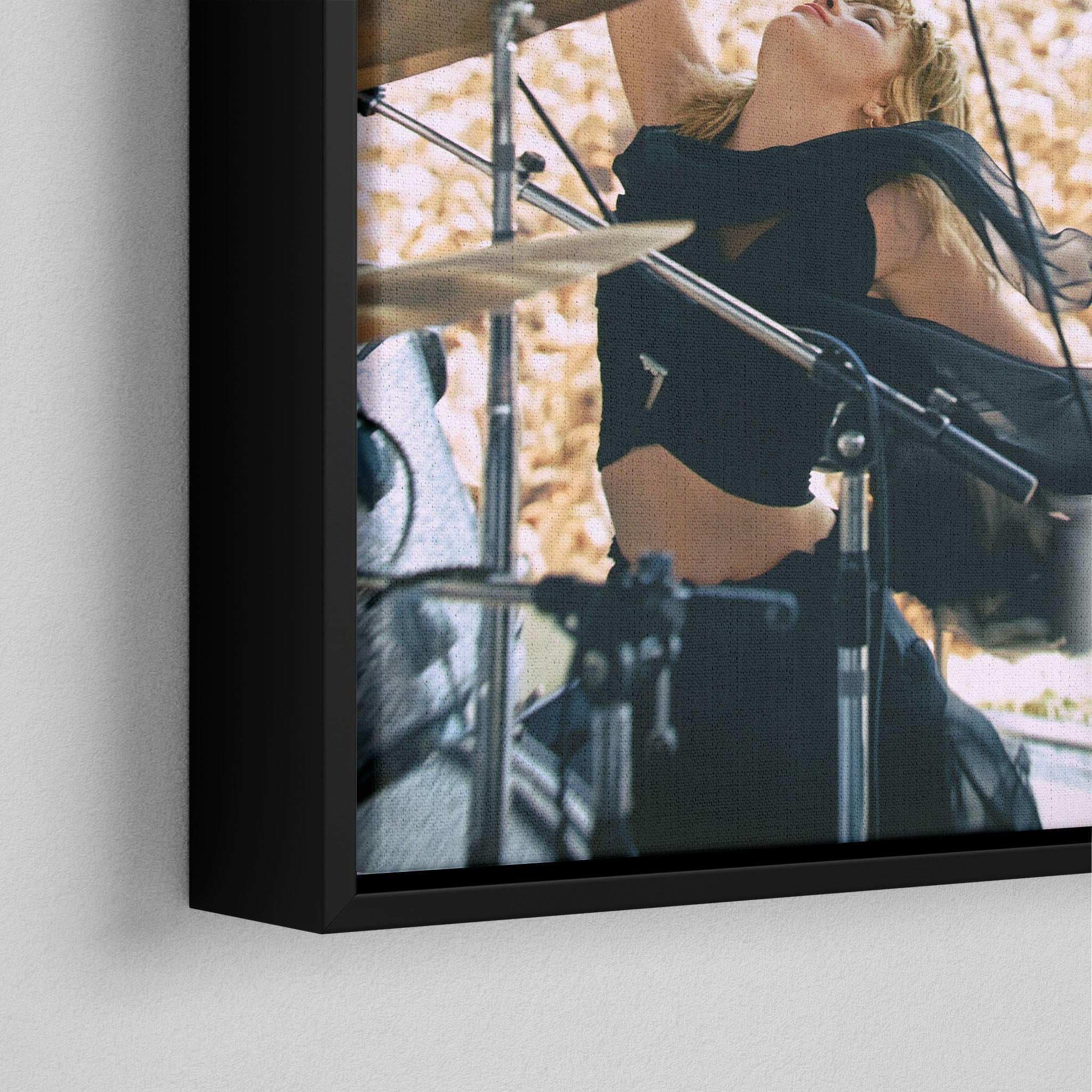 Corner close-up of the black floating frame on the Stevie Nicks 1976 Oakland colorized canvas