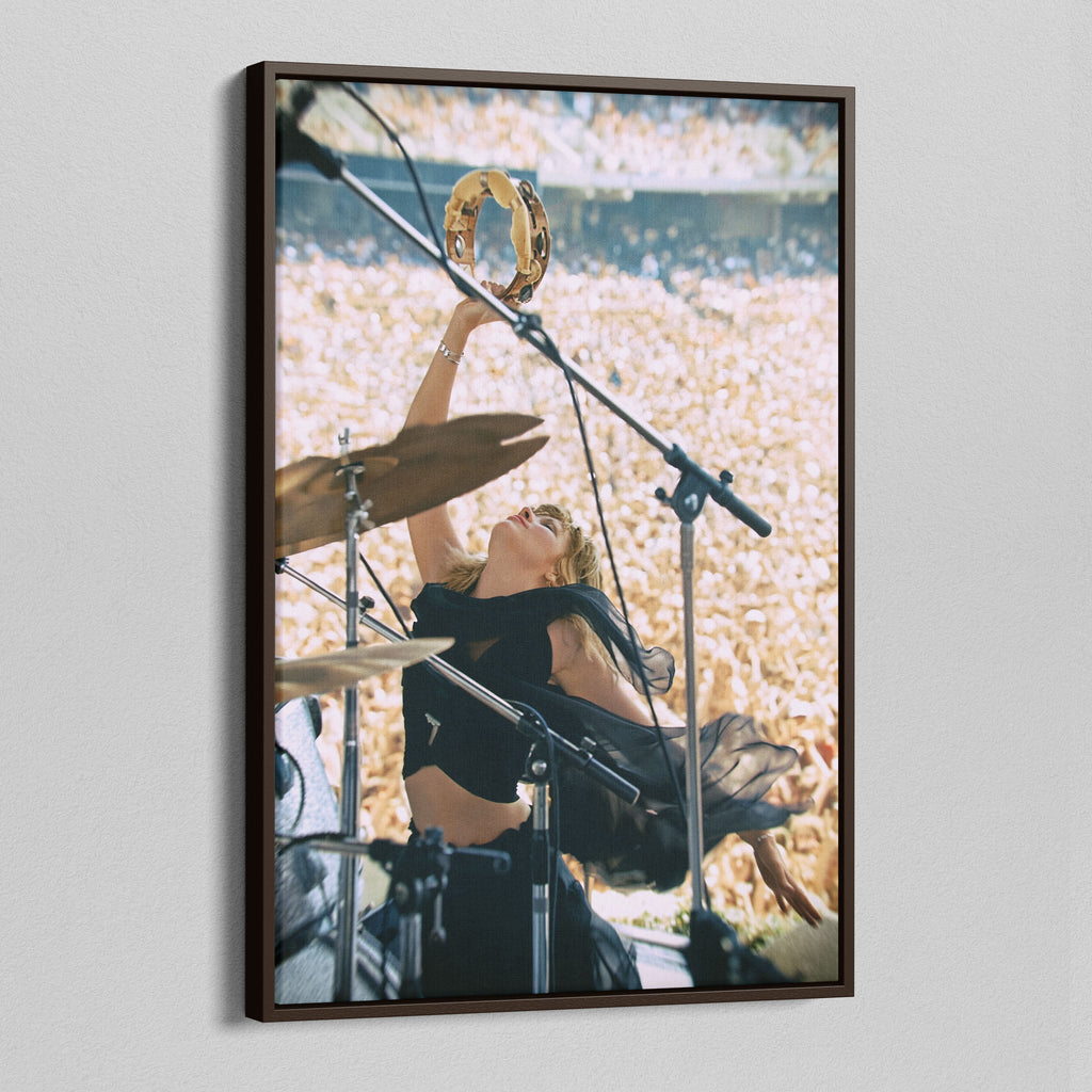 Angled view of the Stevie Nicks 1976 Oakland colorized canvas in a dark walnut floating frame