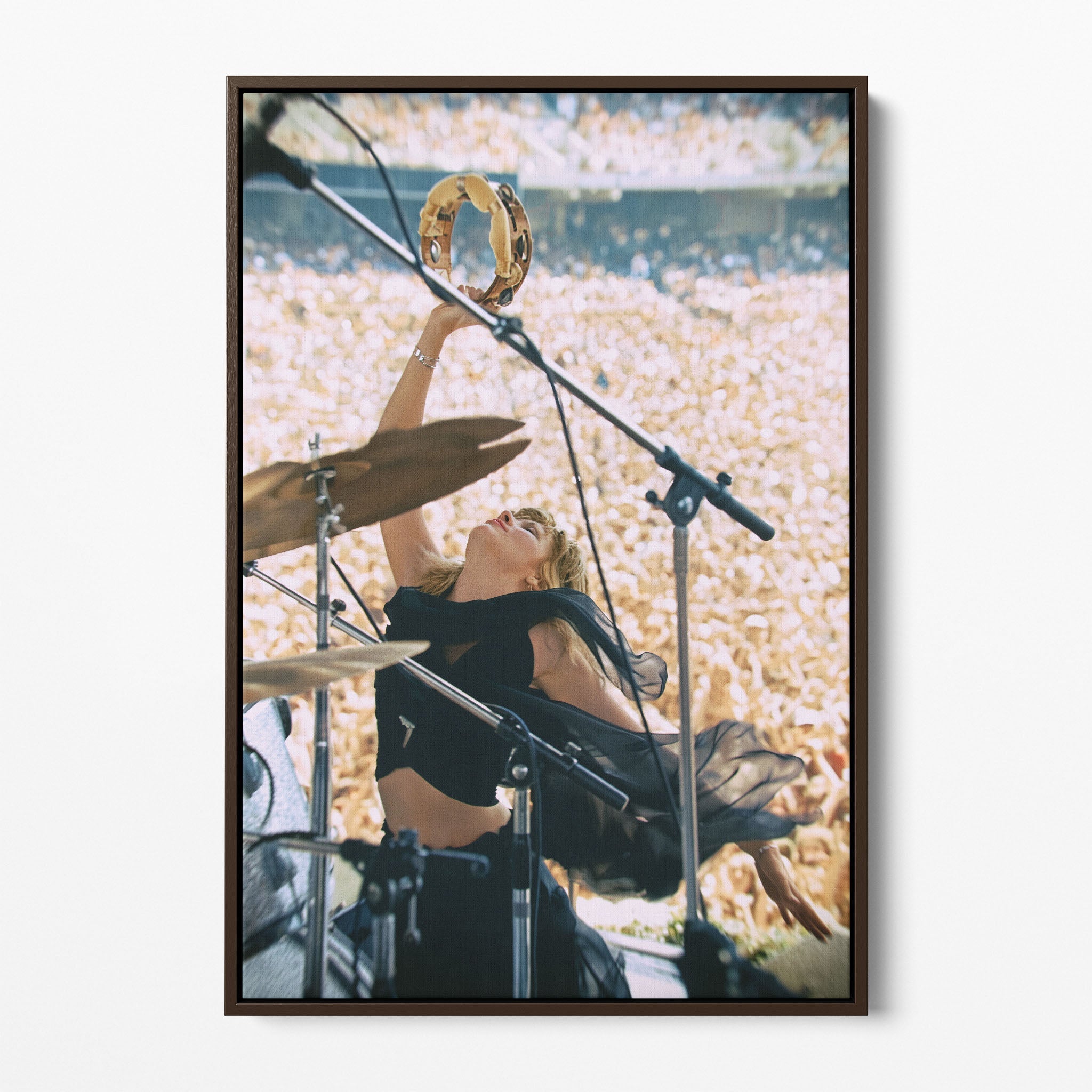 Front view of the Stevie Nicks 1976 Oakland colorized canvas in a dark walnut floating frame
