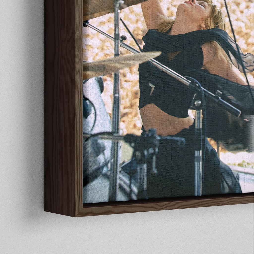 Corner close-up of the dark walnut floating frame on the Stevie Nicks 1976 Oakland colorized canvas