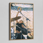Angled view of the Stevie Nicks 1976 Oakland colorized canvas in a natural oak floating frame