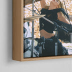 Corner close-up of the natural oak floating frame on the Stevie Nicks 1976 Oakland colorized canvas