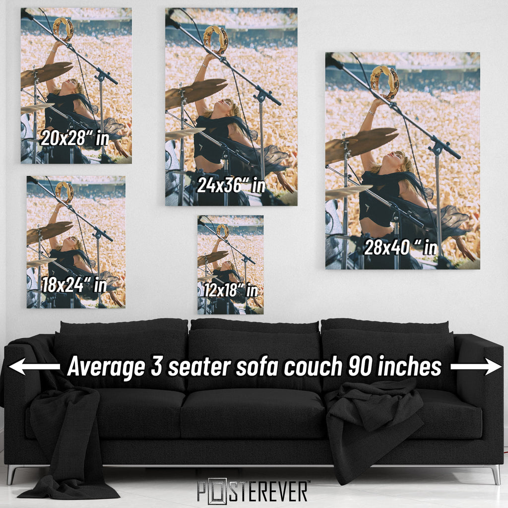 Wall art size comparison chart displaying multiple print dimensions above an average 3-seater sofa