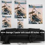 Wall art size comparison chart displaying multiple print dimensions above an average 3-seater sofa