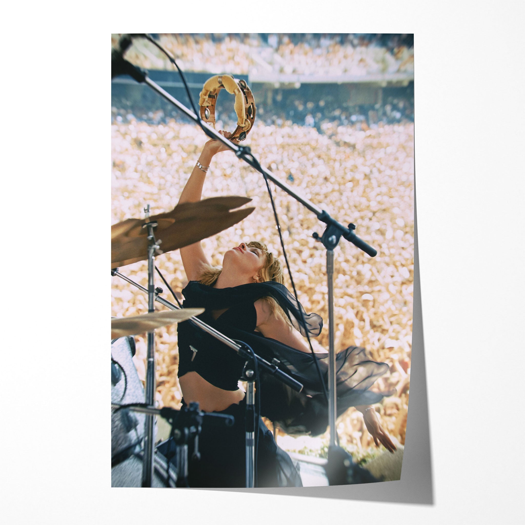 Stevie Nicks Fleetwood Mac 1976 Oakland Day on the Green colorized concert portrait raising a tambourine, unframed poster preview